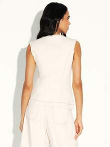 KSTM Women's Sleeveless Denim Waistcoat Button Front Vest With Contrast Stitching Detail - Apricot - View 2