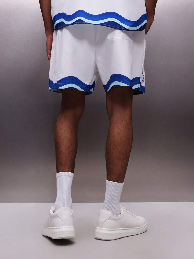 PLAYBOY X SUMWON Men's Casual Summer Drawstring Shorts With Wave Print Detail And Bunny Logo Holiday Beach Vacation Relaxed Fit Elastic Waistband