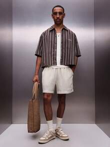 PLAYBOY X SUMWON Men's Striped Short Sleeve Button Down Shirt With Bunny Print Regular Fit Collared Casual Summer Top - Brown - View 3