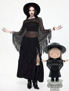 ROMWE Goth Áo choàng len poncho kiểu phương Tây Boho với thiết kế tua rua bất đối xứng và khoét sâu, chất liệu mỏng nhẹ. - màu đen - Xem 1