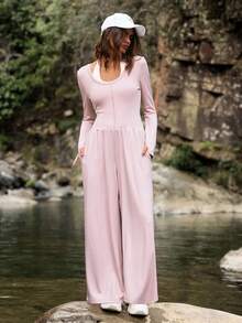 Medorelle 女士纯色圆领长袖阔腿宽松连体裤 - 粉色 - 查看 1