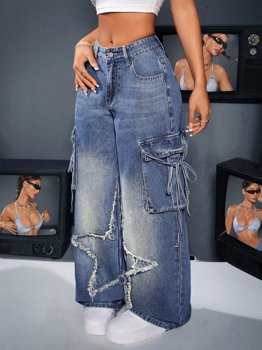 SHEIN ICON 女士休闲水洗直筒工装牛仔裤 - 藍色 - 查看 1