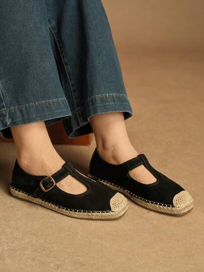 Rosivie Women's Bohemian Style Contrast Color Buckle Design Casual Flat Shoes