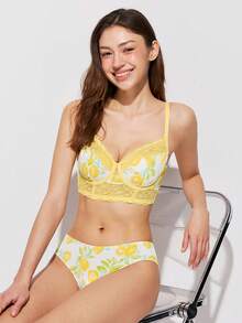 LUVLETTE Breathable Lace Elegance Unlined Push-Up Breezy Comfort Balconette Lemon Print Vacation Style Corset Lingerie Minimizer Bra Now Trending - Multicolor - View 5