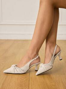 CUCCOO HITCHD 女士简约尖头仿珍珠装饰休闲高跟鞋，适合圣诞节穿着 - 淺杏色 - 查看 4