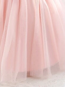 Glamorique Kids 女婴春夏新款纯色缎面撞色网纱3D蝴蝶结优雅派对薄纱喇叭袖连衣裙 - 粉色 - 查看 7