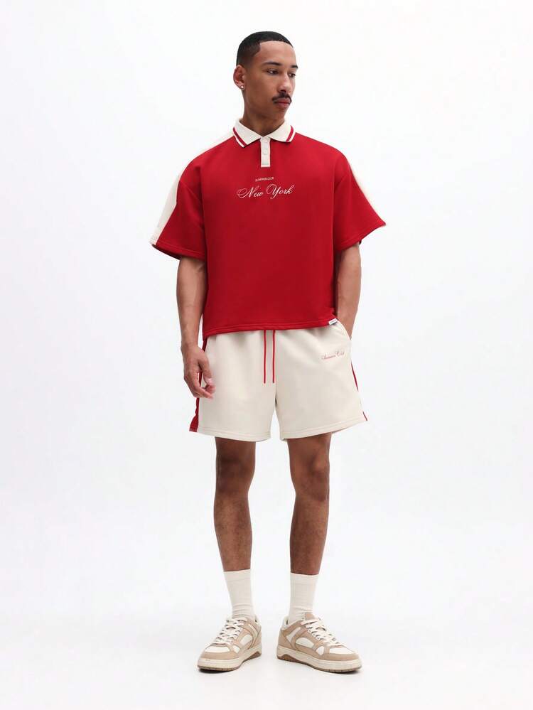 SUMWON Ensemble coordonné polo surdimensionné pour hommes avec texte brodé "New York" et short à taille élastique assorti