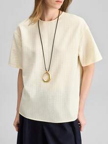 Ontre Women's Cream White,Summer,Effortless Chic,Elegant,Brunch Striped Textured Short Sleeve Round Neck Top,French Chic Minimalist Old Money Vibe Blouse - Light Yellow - View 5