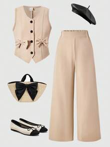 Sparklyn 2pcs/Set Tween GirlsWoven Solid Color Sleeveless Open Front Cropped Vest Jacket Paired With Wide Leg Pants Set, Decorative Bow Accent, Suitable For Spring, Summer, Autumn Casual Wear - Khaki - View 9