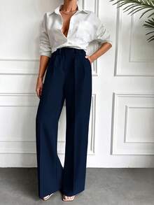 EURMUSE Ladies" Solid Color Straight Legged Pleated Dress Pants, Featuring Pockets, Suitable For Casual And Commuting - Navy Blue - View 5