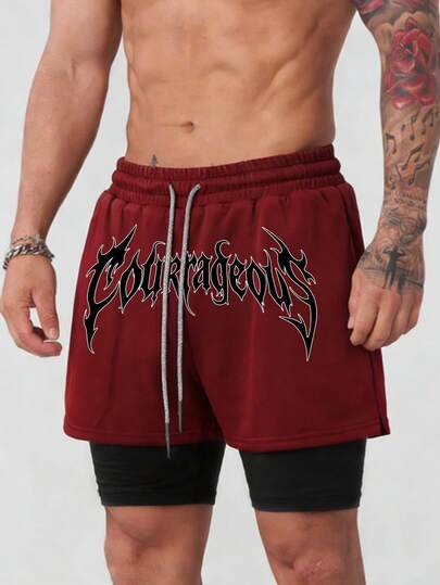 Manfinity Sport PWRUP Men's Letter Print Drawstring Waist Double Layer Sports Shorts