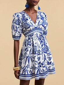 Travachic Đầm ngắn tay cánh hoa in họa tiết nhiệt đới thoải mái dành cho nữ, thích hợp cho kỳ nghỉ. - Nhiều màu - Xem 5