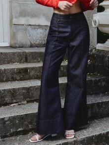 lacRébo 女士前缝细节深色棉质牛仔喇叭裤 秋季女装 办公室穿搭 秋季女装 - 深色水洗藍 - 查看 3