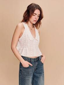 lacRébo Blusa sin mangas con pliegues y bordado floral, adecuada para citas y salidas - Blanco - Ver 4