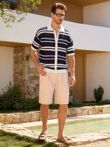 Manfinity CityGents Men's Vacation Casual Striped Short Sleeve Hollow-Out Knit Top - Multicolor - View 3