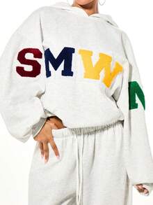 SUMWON WOMEN Quần jogger nữ màu xám dáng rộng in chữ nổi bật với chi tiết chữ màu sắc, chủ đề World Cup - Xám - Xem 6