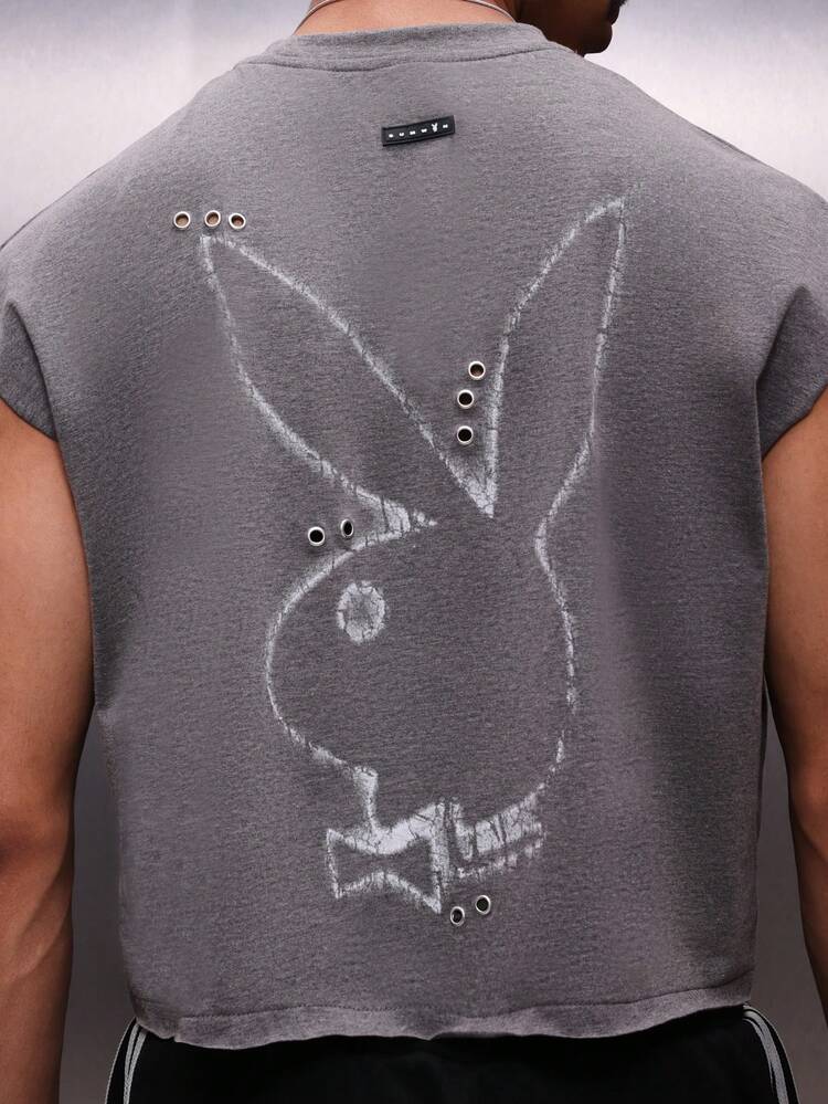 PLAYBOY X SUMWON Bunny Logo Grey Tank Top With Metal Eyelet Details Graphic Sleeveless Vintage Streetwear Summer Casual