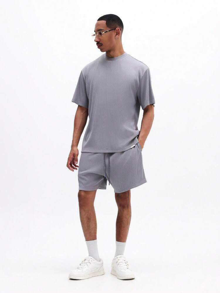 Men's Ribbed Crew Neck T-Shirt And Matching Shorts Two Piece Casual Lounge Set Summer Comfort Wear