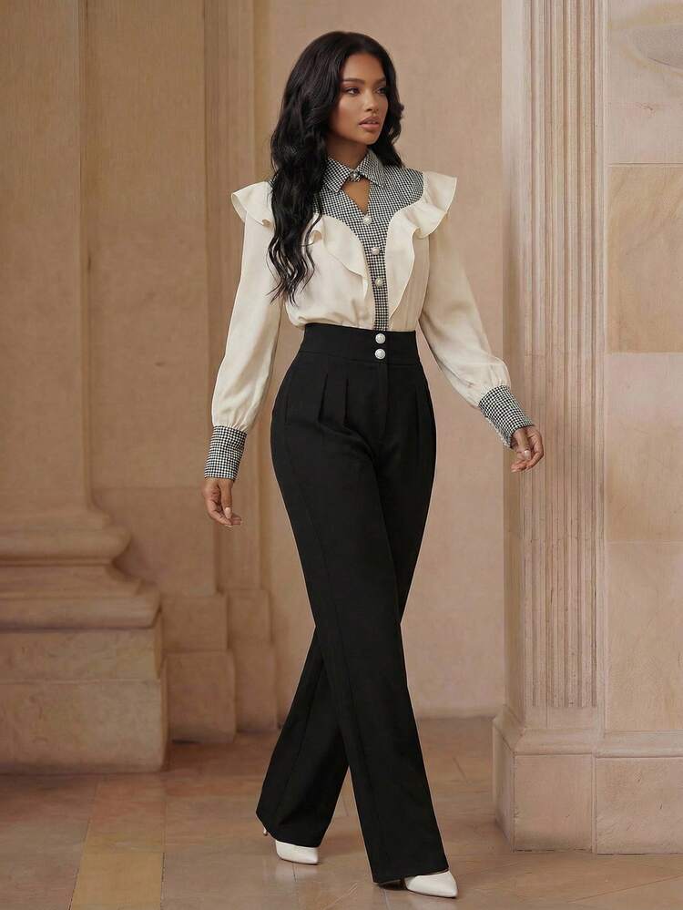 Elegant Chic Modern Women's Frill Trim Houndstooth Print Patchwork High Waist Pants And Frill Trim Patchwork Blouse
