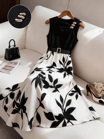 GlowEve Women's Leaf Pattern Patchwork Design Metal Buckle Decor Asymmetric Collar Sleeveless A-Line Waist Flattering Elegant Casual Vacation Commute Fashion Date French Street Vintage Versatile Spring/Summer Sleeveless Black & Apricot Floral Print Patchwork New Mid-Length Sleeveless Dress