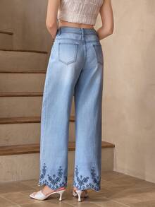 Selenza Women's Casual Everyday Denim Jeans With Pockets And Floral Embroidery Design - Blue - View 2