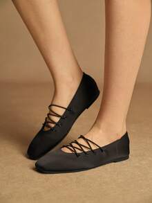 Rosivie Giày bệt nữ màu đen mới, mũi vuông, quai chéo, đa năng - màu đen - Xem 2