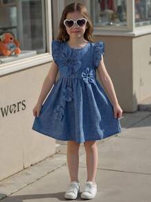 Young Girl Blue Fashionable Sleeveless Round Neck 5-Petal 3D Flower Collar Droplet Dress - Blue - View 11