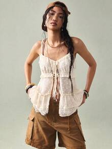 SoleilVie Women's Lace Trim Jacquard Fabric Tie Front Elegant Romantic Blouse - Apricot - View 5