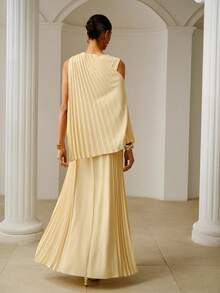 ZEYLAH Elegant Long Fitted Pleated Sleeveless Dress, Spring/Summer - Light Yellow - View 3