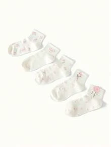 2/5 Đôi tất nữ màu trắng và hồng dễ thương với họa tiết nơ và hoa, thoáng khí, thấm hút mồ hôi, thoải mái, dài đến bắp chân, thích hợp cho mặc hàng ngày và đi chơi, giao hàng ngẫu nhiên, mùa thu - Nhiều màu - Xem 3