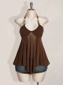 SHEIN ICON Áo nghỉ mát gợi cảm hở lưng cổ yếm lấp lánh dành cho nữ - màu nâu - Xem 4