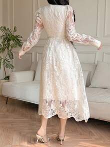 DAZY 女士优雅蕾丝V领花瓣袖中长连衣裙，春夏款 - 米色 - 查看 2