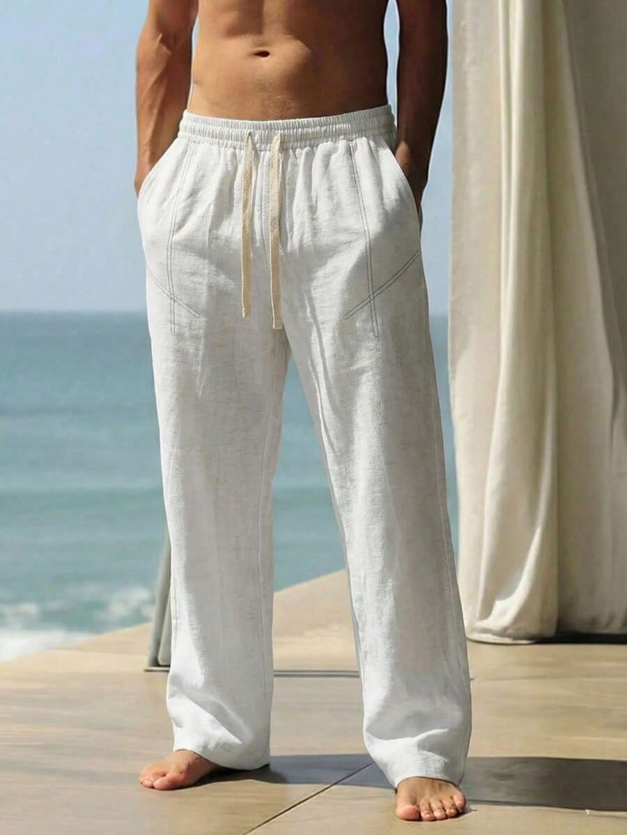 Manfinity RSRT Men's Casual Drawstring Waist Pants, Versatile For Vacation - White - View 1