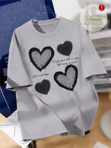 Camiseta Basica de Cuello Redondo y Manga Corta con Estampado de Corazones, Hecho en Mexico - Gris - Ver 2