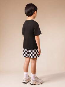 SUMWON Boys Short Sleeve Crew Neck T-Shirt With Checkered Pattern Shorts Two Piece Casual Summer Outfit Set - Black - View 2