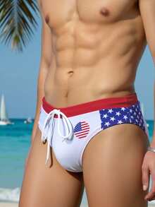 Manfinity KASUA Bañador de hombre con estampado de bandera de EE.UU. y cintura con cordón - Blanco - Ver 2