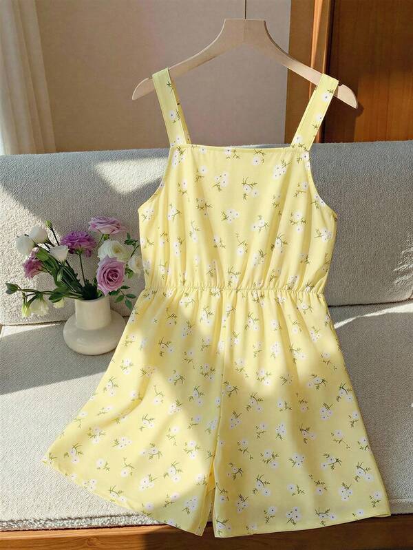 Sparklyn Tween Girls' Spring/Summer Vacation Ditsy Floral Cute Loose Wide Leg Jumpsuit Shorts