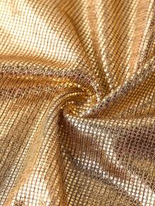 SHEIN Clasi 女士圆领金属装饰褶皱开衩优雅腰身连衣裙，适合派对穿着 - 金色 - 查看 5