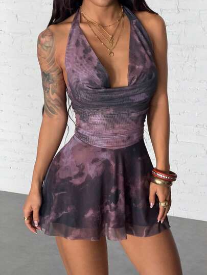 StreetHx Women's Tie-Dye Draped Neck Ruched Dress