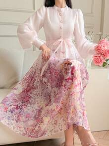 Women's Elegant Floral Print Stand Collar Petal Sleeve Belted Mid-Length Dress, Spring & Summer - Pink - View 7