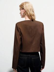 Aveloria Modichic Deep Brown Cropped Blazer With Asymmetrical Curved Hem, Round Neck, Structural Metal Button Design, Minimalist Modern Elegant Commuter Versatile - Coffee Brown - View 2