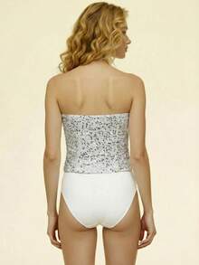 CAJUNI Bodysuit Bandeau Wanita Berwarna Polos dengan Hiasan Payet dan Motif Patchwork yang Glamor - Perak - View 2