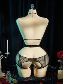 SpicyHot Spicy Hot! Black Lace Jumpsuit, Multi-Cutout + Mesh Patchwork Design, Suitable For Theme Party Celebrations - Black - View 2