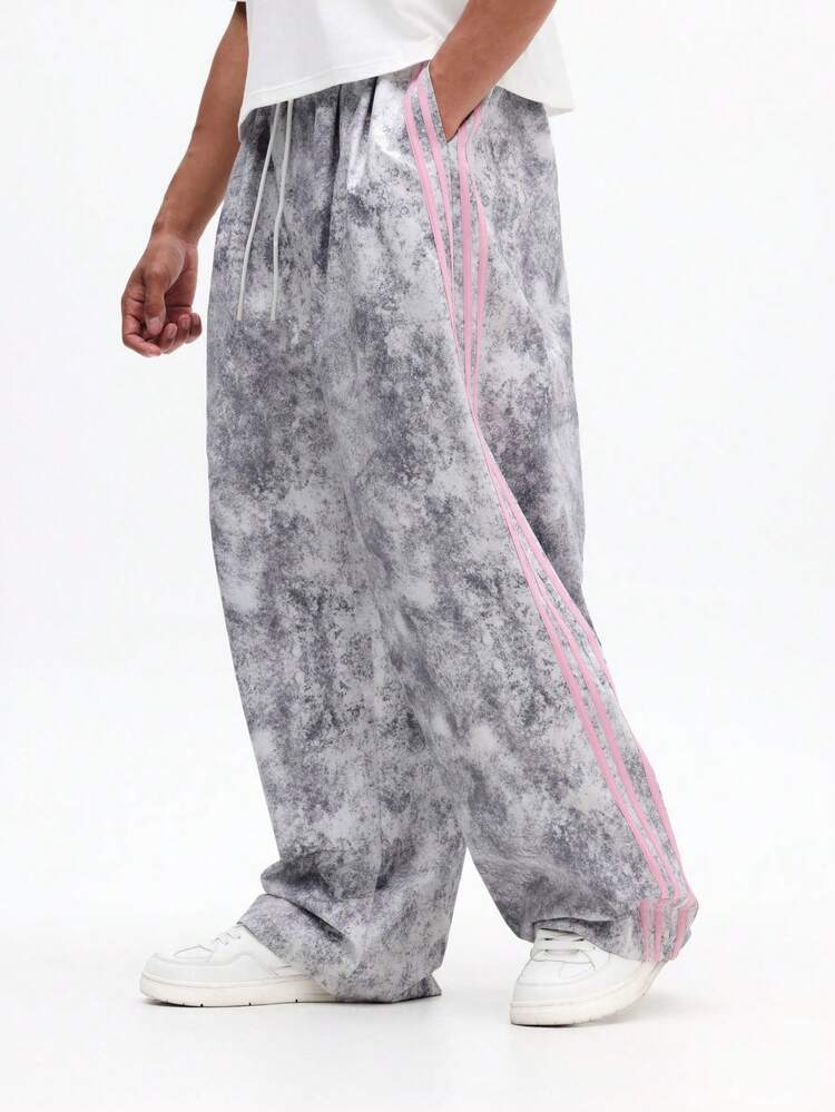 Tie Dye Printed Wide Leg Track Pants Pink Side Stripe Detail Casual Loose Fit Drawstring Sweatpants