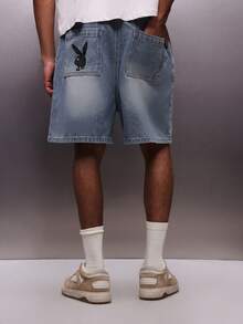 PLAYBOY X SUMWON Men's Vintage Washed Denim Pull On Shorts With Drawstring Waistband Text Print Casual Summer Bermuda Style - Blue - View 2