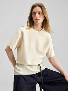 Ontre Women's Cream White,Summer,Effortless Chic,Elegant,Brunch Striped Textured Short Sleeve Round Neck Top,French Chic Minimalist Old Money Vibe Blouse - Light Yellow - View 4