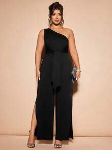 Cravure 加大码女式黑色牛奶丝高弹面料单肩收腰阔腿开衩连体裤，舒适百搭，适合春夏派对和聚会。 - 黑色 - 查看 7