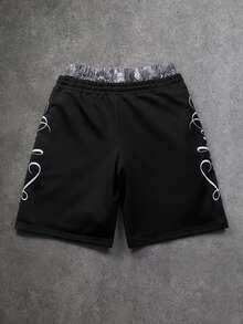 Manfinity EMRG 男士字母印花抽绳腰带休闲宽松短裤 - 黑色 - 查看 3