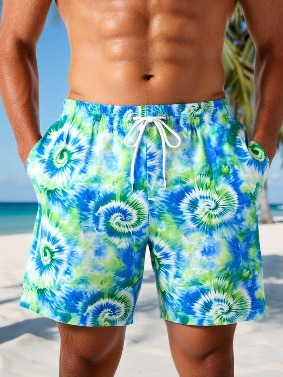 Surfspeed Quần short đi biển nam in họa tiết nhuộm tie-dye, cạp chun có dây rút và túi hai bên. - màu xanh lá - Xem 1