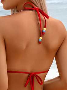 Swim Mod 2pcs/Set Women's Textured Colorful Striped Halter Neck Spaghetti Strap Beaded Triangle Bikini Swimwear, Suitable For Spring/Summer Beach - Multicolor - View 6